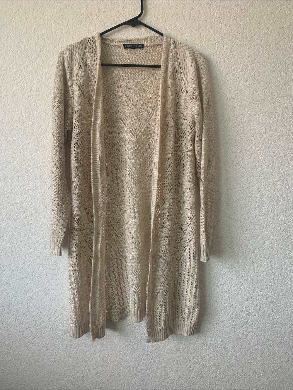 Love ellie Open-Front Pointelle Long Cardigan in Light Beige